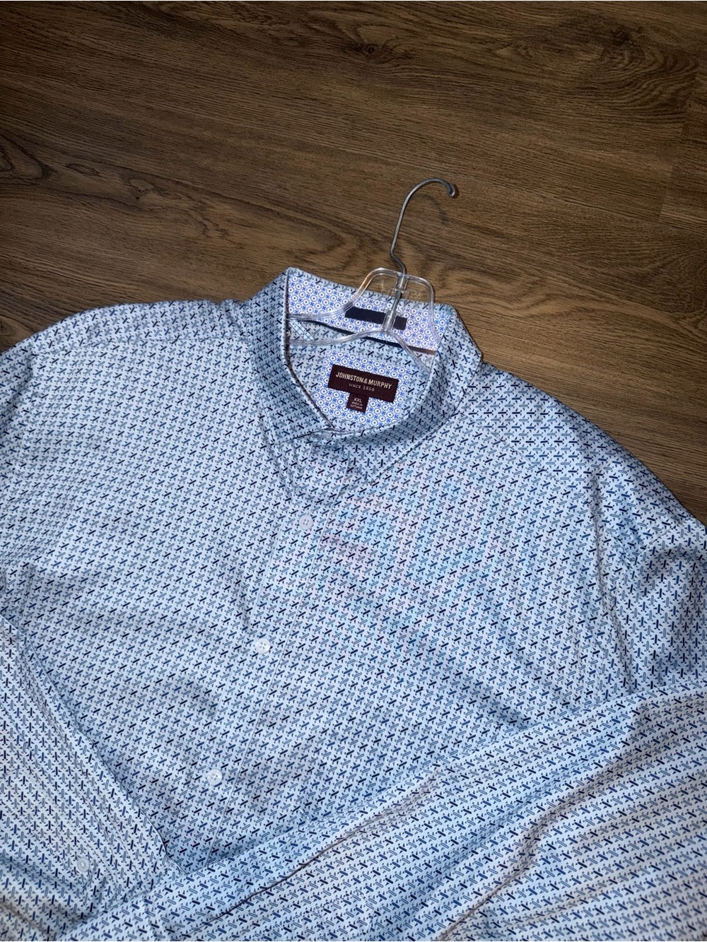 Johnston & Murphy Men XXL 2XL Blue Geometric Long Sleeve Dress Shirt Button Down
